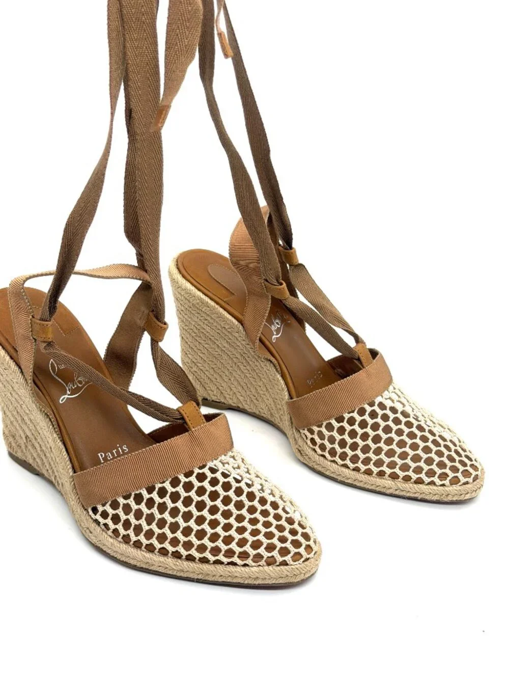 Christian Louboutin TOLEDA 85 Mesh Wedge Heel Ribbon Tie Espadrille Sandals